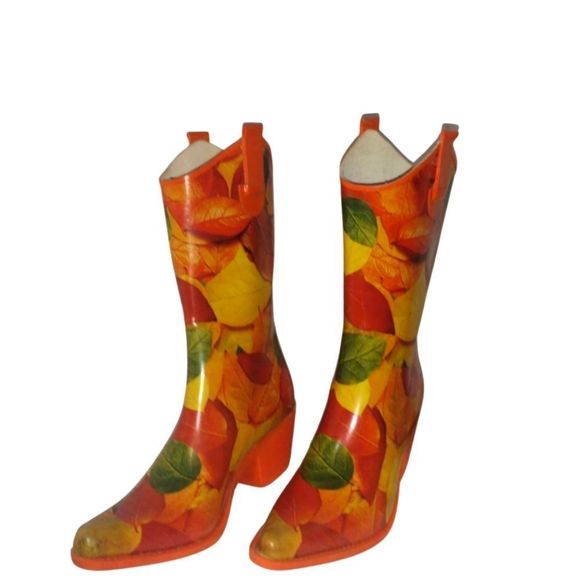 Cowboy Rain Boots Fall Leaves on an orange heel Cowboy Boots Rubber Rain Boots 6 - Picture 3 of 7